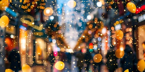 A blurry image of a city street with people walking and cars driving