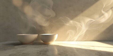 Two white bowls with steam coming out of them