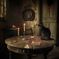 An eerie, dimly lit room in an old countryside house, with a black cat beside a red pentacle, surrounded by symbols of English folklore and misfortune.