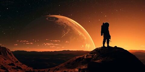 Wall Mural - A man stands on a hill in front of a large planet