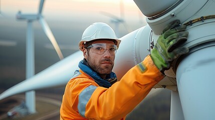 Poster - An engineer repairing the blade of a wind turbine. work on the intricate mechanics of the turbine blade. Generative AI.