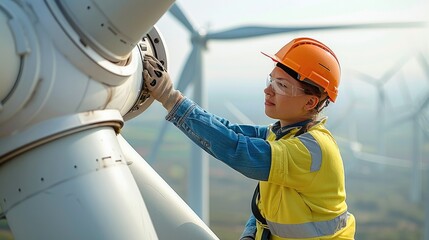 Poster - Inspection engineers preparing to rappel down a rotor blade of a wind turbine in wind farm. Generative AI.