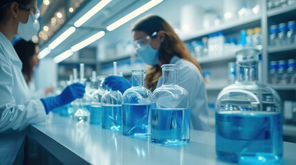Poster - Scientists and flasks in a laboratory, blue and white color scheme. Generative AI.