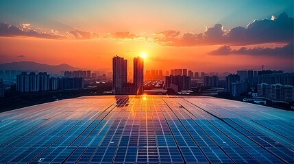 Aufkleber - Solar panels with the rising sun, and a building behind it. Generative AI.