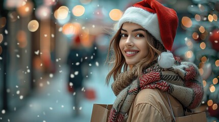 Wall Mural - Happy woman with shopping bags at street market. Christmas shopping concept. Generative AI.