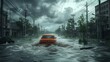 Orange Car Driving Through Flooded City Street
