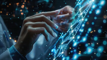 Poster - Doctor touching electronic medical DNA. Digital healthcare and network connection on hologram modern virtual screen interface, medical technology and network. close-up. Generative AI.