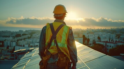 Poster - Engineer installing solar panels on rooftop. Generative AI.