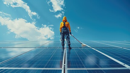 Poster - A person in cleaning attire actively wiping down the panels solar panels. Generative AI.