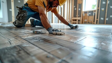 Aufkleber - Construction worker installing a new laminate flooring. Generative AI.