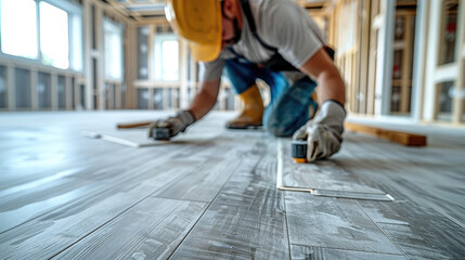 Construction worker installing a new laminate flooring. Generative AI.