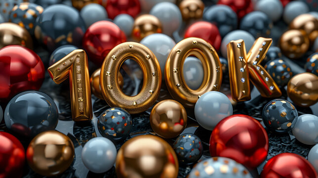 100k followers celebration. Social media achievement poster. 100k followers thank you lettering with colorful balls.