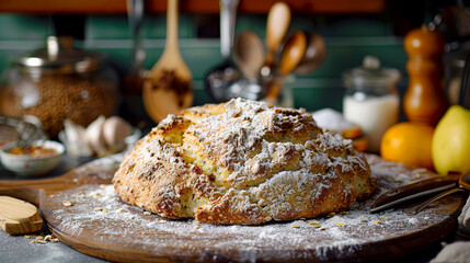 Wall Mural - Macro Lens Close-Up of Irish Soda Bread Ingredients and Utensils in Background Shot with 50mm f/1.6 - Food Photography Style Created with Generative AI Technology