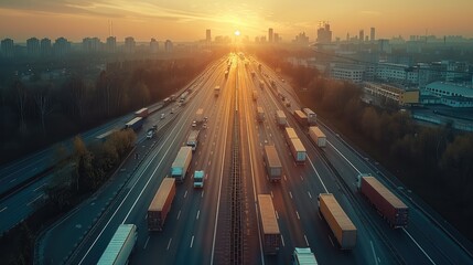 Poster - Aerial high view of a highway at the edge of a city, lines of trucks entering and exiting a logistics park, the urban skyline in the distance. Generative AI.