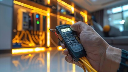 Aufkleber - A close up of an electrician using a voltage meter to troubleshoot wiring while working on installing recessed lighting in a bright living room. Generative AI.