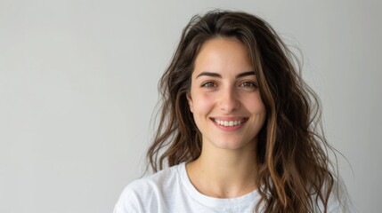 Smiling brunette woman in white t-shirt on white background.
