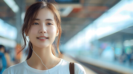 Canvas Print - Asian woman with a lovely face dressed in a white T-shirt, is standing on an open-air platform at train station. Generative AI.