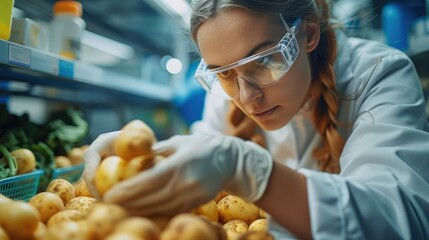 Poster - Female scientists experimenting with potatoes in scientific laboratory. Generative AI.