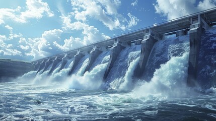 Sticker - A digital illustration showcases a hydroelectric dam with water flowing through turbines, highlighting water's power generation.