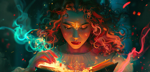 Wall Mural - Close-up of a magical girl holding an enchanted, glowing book, its pages turning on their own, the book's glow illuminating her in coral