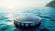 Round concrete platform with offshore floating photovoltaic system. Aerial high view. Generative AI.