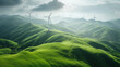 Amazing green hills with wind turbines