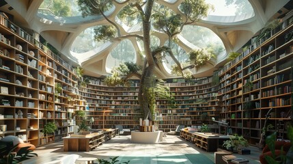 A library and bookshop in a zoo. Generative AI.