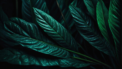 Wall Mural - Textures of abstract emerald leaves, offering a unique and dark tropical concept. Dark nature concept, tropical leaf.