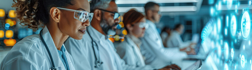 Poster - Professional medical team, diverse doctors using advanced AI healthcare software on laptops at modern hospital. Generative AI.