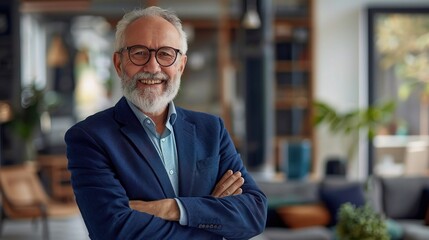 Sticker - Senior businessman, portrait and crossed arms in office happy for leadership