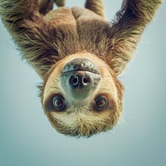 Curious Sloth Hanging Upside Down - An adorable sloth hangs upside down, looking directly at the camera with a background of soft blue sky