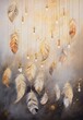 Feathers hanging from the ceiling and glowing lanterns with golden watercolor.