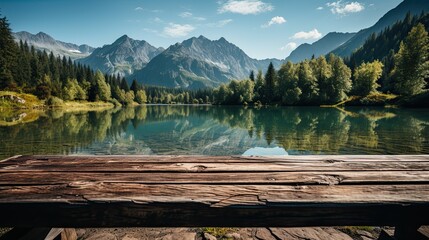 Sticker - Empty wooden table top with a smooth, wooden deck that overlooks summer lakes and green forests