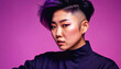 photo of asian woman as a mafia gang member standing against pink background, generative AI