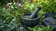 a mortar and pestle surrounded by freshly picked herbs waiting to be crushed