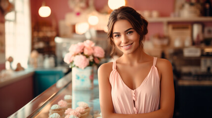 Wall Mural - Portrait of a shopkeeper. A smiling young adult woman is standing in her grocery store