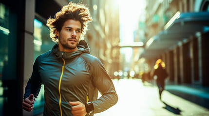 a young man jogging on the street in a big city at sunset