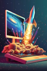 Wall Mural - computer with rocket flying out of it, vibrant and bold colors, rocket launch, technology design, in