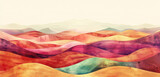 Fototapeta  - A digital watercolor scene of a desert with swirling burgundy sands against a pale lime dusk sky