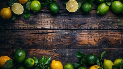 Wall Mural - Flat lay of green lemons and limes on a rustic wooden texture.