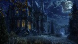 Fototapeta  - Haunted mansion under a full moon night - An eerie Gothic mansion bathed in blue moonlight, with an autumn vibe, evoking suspense and mystery