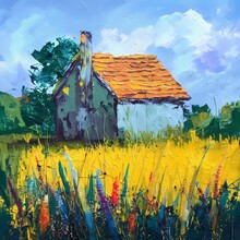 A Stunning Oil Painting On Canvas Featuring A Family Home In The Countryside. The Painting Is Created With Small And Flexible Brushes.