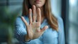 © WS Studio 1985 - Stop, hand sign and woman with no gesture for sexual harassment and violence in workplace. Business professional