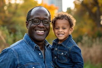 Wall Mural - African grandfather carrying his grandson in his arms, both are wearing blue jean shirts