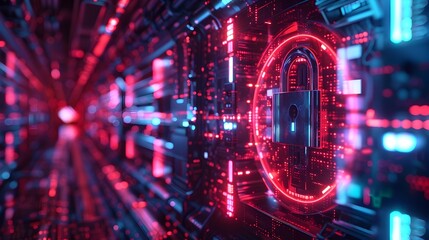 Wall Mural - A red and blue computer screen with a glowing lock symbol