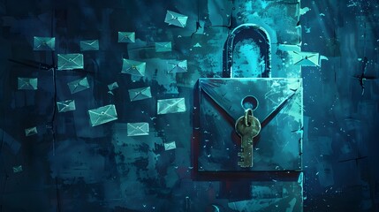 Wall Mural - A blue lock with a key on it is surrounded by many envelopes