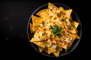 Delight in the classic snack of nachos with cheese sauce, captured in a stylish presentation against a black background.  Generative AI,