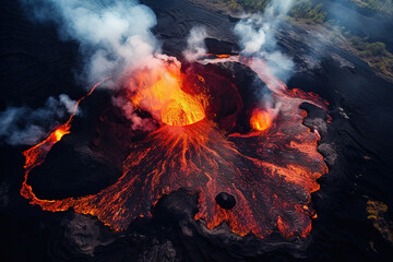 Wall Mural - volcano eruption from a bird view. volcano crater and magma flow shot from above. genertated ai.