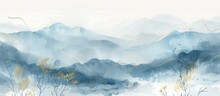 A Realistic Watercolor Painting Depicting A Majestic Mountain Range With Snow-capped Peaks Under A Clear Blue Sky.