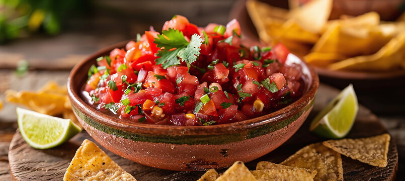 Spicy red tomato salsa with chips, served with corn tortilla chips